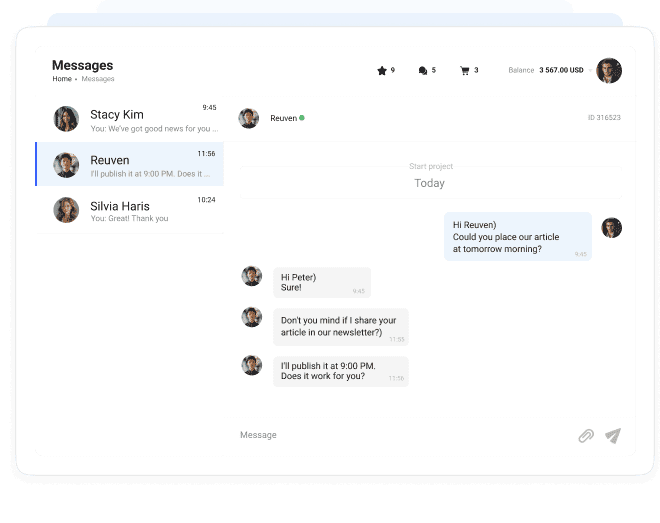 Collaborator messaging interface showing active chats and a project coordination conversation