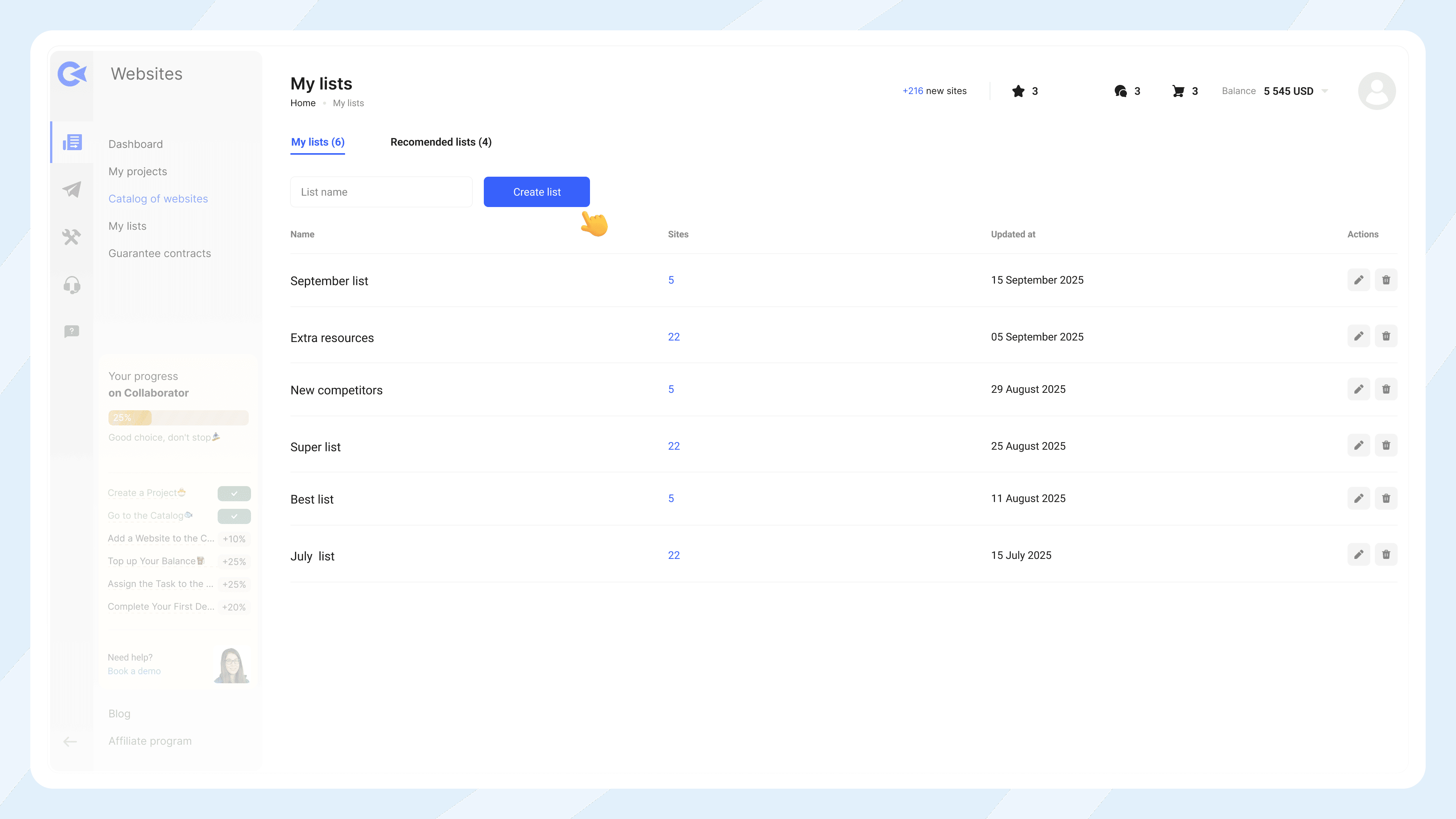 Панель «Мои списки» Collaborator, показывающая пользовательские списки сайтов: список сентября, Дополнительные ресурсы, Новые конкуренты, Супер список, Лучший список и список июля с количеством сайтов и датами обновления.